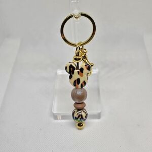 NWT Handcrafted Cheetah Mouse Ears Beaded Goldtone Keychain
